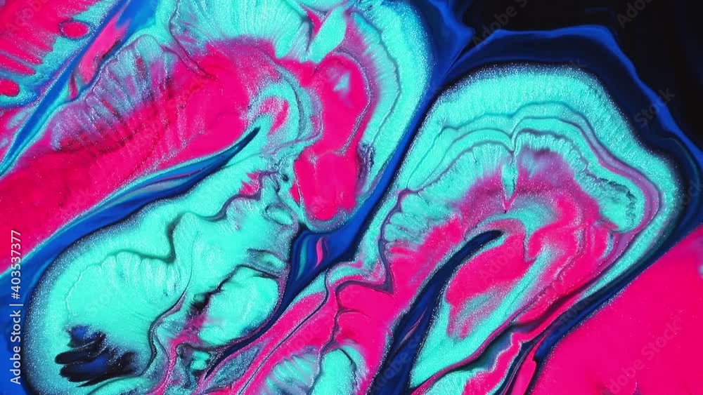 Fluid art drawing video, modern acrylic texture with colorful waves. Liquid paint mixing backdrop with splash and swirl. Detailed background motion with pink, turquoise and black overflowing colors