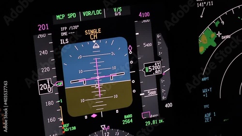 Flight instruments display of a modern passenger airplane flying at night. Actual cockpit footage. Aircraft is descending for landing.