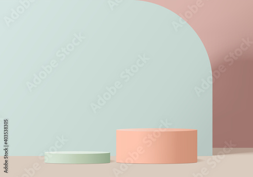 3d valentine background products minimal scene with podium platform. Green 3d podium vector rendering background. podium to show cosmetic product. Stage showcase 3d studio pedestal, pink blue pastel