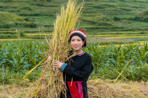 Young Yao (Dao) woman holding hay. Ha Giang, Vietnam. photo