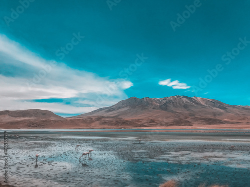 Stunning panoramic view of famous wild Siloli Desert. Beautiful landscape of spectacular Bolivian Andes and the Altiplano along the scenic road between Salar de Uyuni and Laguna Colorada, in Bolivia