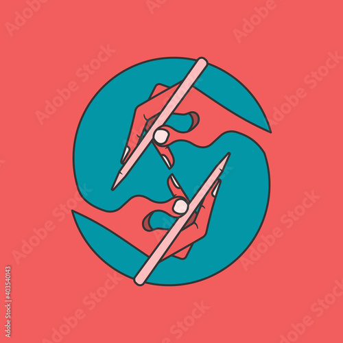 Hand with pen with copy space.  Creative writing, copy writing concept. Flat style illustration.