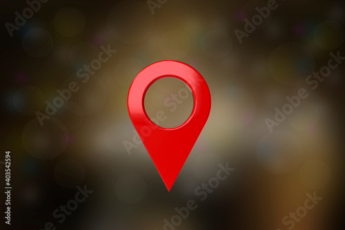 Pin a shiny red arrow Concept of landmark needle tagging to create a route search. With colorful bokeh and 3D abstract background - illustration
