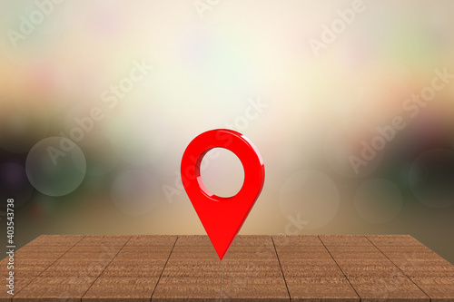 Pin a shiny red arrow to the concept of tagging landmark pins to create a path finder. With multicolored bokeh on an old wooden table, 3D abstract background - illustration