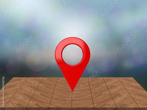 Pin a shiny red arrow to the concept of tagging landmark pins to create a path finder. With multicolored bokeh on an old wooden table, 3D abstract background - illustration