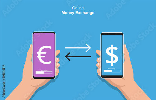 Hands holding smartphone doing transactions concept. Online money exchange vector illustration