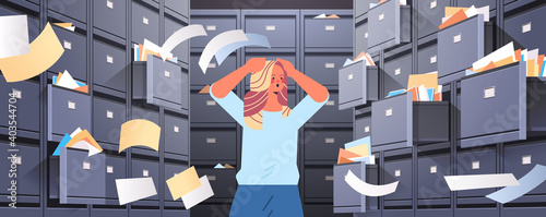 overworked businesswoman searching documents in filing wall cabinet with open drawers data archive storage business administration paper work concept horizontal portrait vector illustration