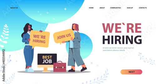mix race businesswomen hr managers holding we are hiring join us posters hr vacancy open recruitment human resources concept full length horizontal copy space vector illustration