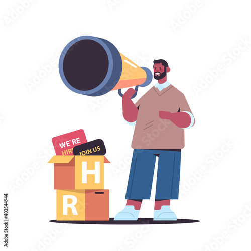 african american businessman manager holding loudspeaker we are hiring join us vacancy open recruitment HR industry concept full length vector illustration