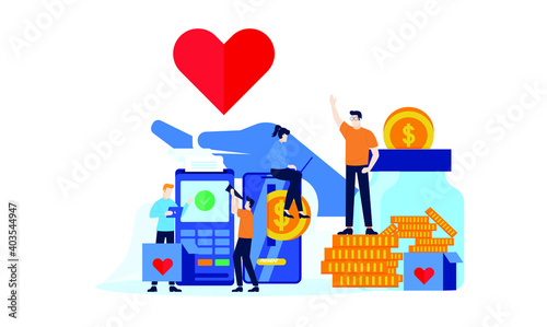 online donation charity with smart phone smart app mini atm or edc with big heart and big hands flat illustration design