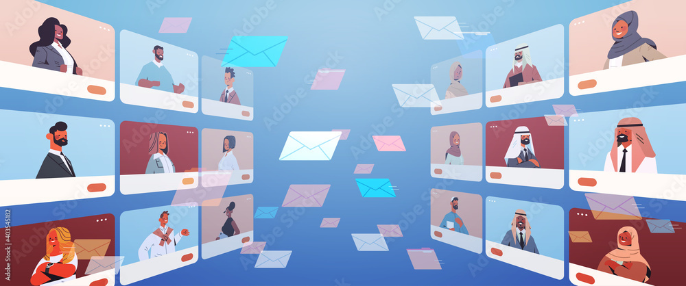 arabic people in web browser windows chatting and discussing during video call virtual conference online communication concept horizontal portrait vector illustration
