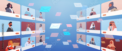 arabic people in web browser windows chatting and discussing during video call virtual conference online communication concept horizontal portrait vector illustration