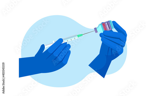 doctor or researcher hands holding syringe and bottle vial prepare for injection vaccine development fight against covid-19 concept horizontal vector illustration