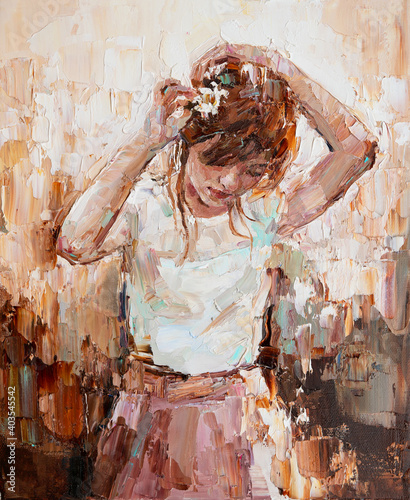 Fototapeta Naklejka Na Ścianę i Meble -  Beautiful pensive young girl with flower in her hair. Created in expressive manner and light colors, palette knife technique of oil painting and brush.