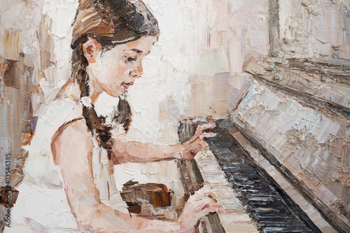 Fototapeta Naklejka Na Ścianę i Meble -  Beautiful girl plays the piano. Created in detail and color, oil painting on canvas.