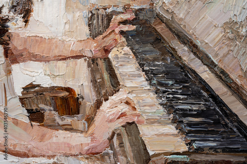 Fototapeta Naklejka Na Ścianę i Meble -  Fragment of artwork where young beautiful girl hplays the piano. Created in the expressive manner. Palette knife technique of oil painting and brush.
