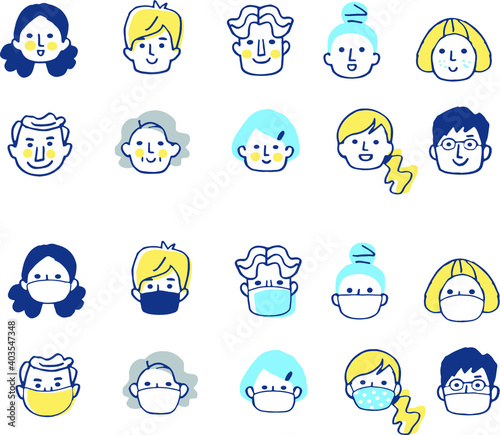 マスクをする人々　マスクを外す人々　顔アイコンセット