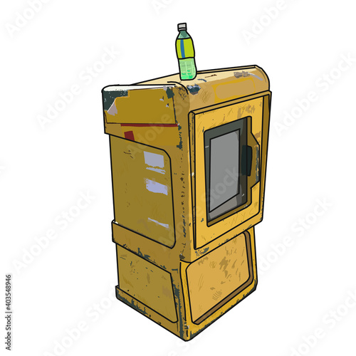 yellow newspapers stand with a bottle on top