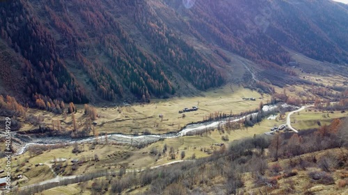 Aerial view of a valley in the Lötschental in the canton of Valais in Switzerland. It is autumn photo