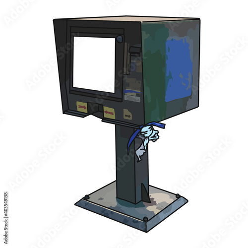 Green newspaper stand looking beat up 