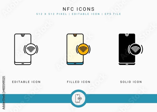 NFC icons set vector illustration with solid icon line style. Wireless payment concept. Editable stroke icon on isolated white background for web design, user interface, and mobile application