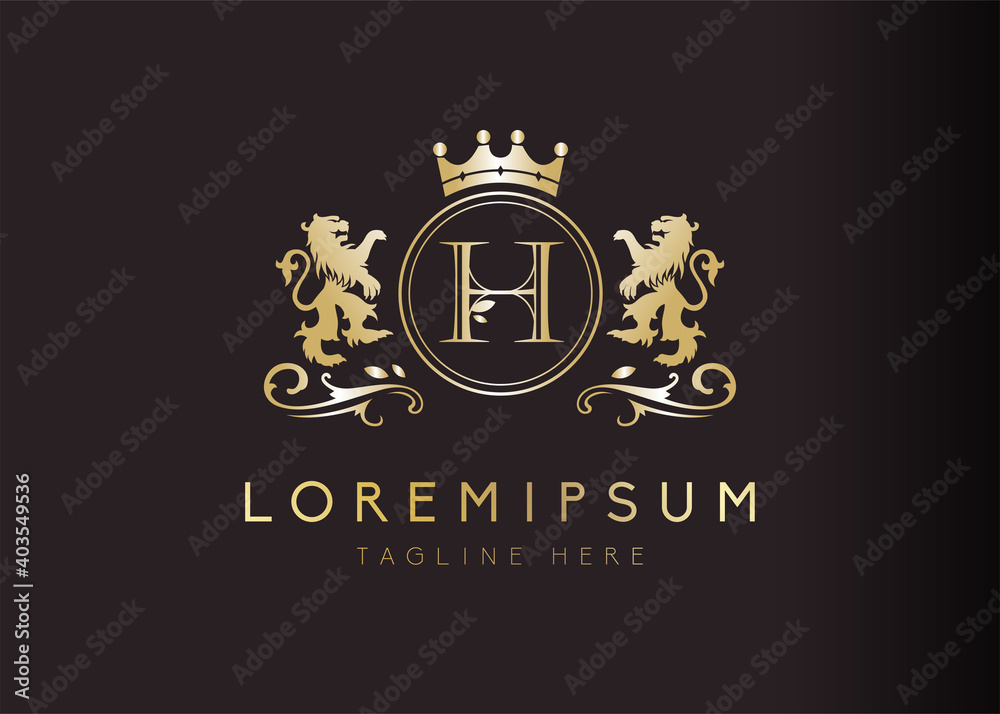 Heraldic lion initial letter H logo design. Vector illustration of luxury royal H letter with floral, crown and lion emblem design. Sign symbol icon template Heraldic lion initial letter H logo design. Vector illustration of luxury royal H letter with floral, crown and lion emblem design. Sign symbol icon template