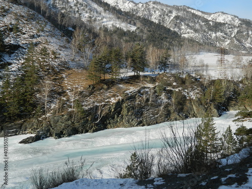 Altai. Katun river. Winter nature.