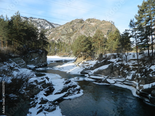 Altai. Katun river. Winter nature.