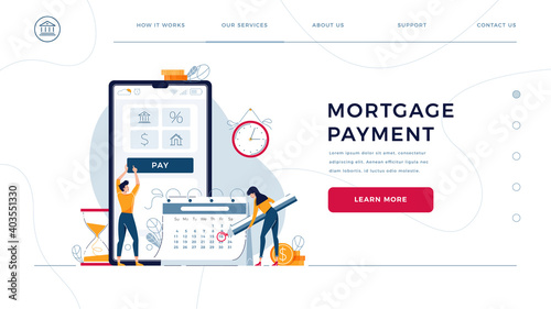 Mortgage payment homepage template. Borrowers pay regular fees online, making notice in calendar. Keep up with monthly payments concept for web design. Cartoon people, flat style, vector illustration