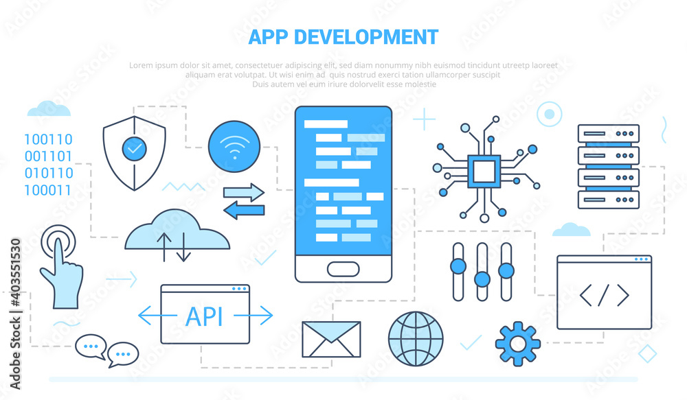 app development concept with icon set template banner with modern blue color style - obrazy, fototapety, plakaty 