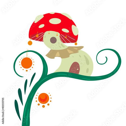 Cartoon fairy tale house fly agaric on a liana with lanterns for fairies and gnomes on a white background. A fabulous home for little creatures. Vector flat illustration for postcards, banners