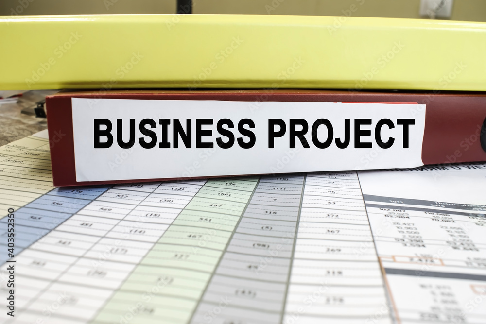 The business project is written on a red folder that lies on the document with colored columns of numbers. Business concept The business project is written on a red folder that lies on the document with colored columns of numbers. Business concept