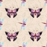 Pink butterfly and dragonfly seamless spring pattern. Textured effect, insect collection. Design for textile, fabric, wrapping paper, backgrounds, packaging. 