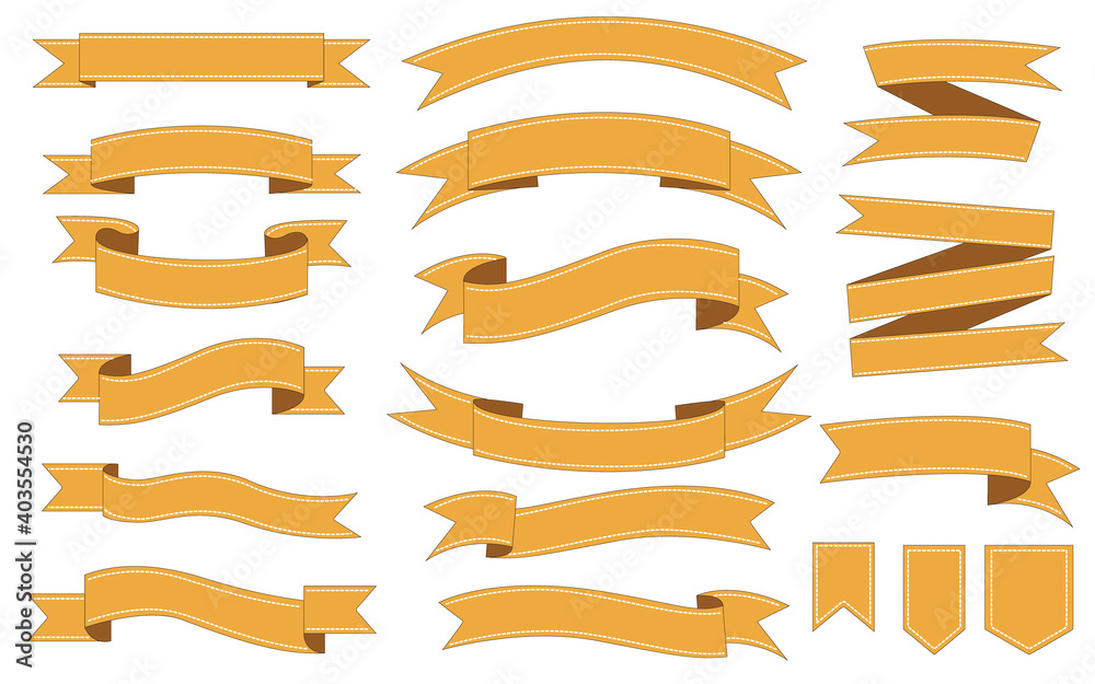 Set of ribbon tags illustration. Yellow stitch ribbon frames for sing, POP, banner and web design. Vector illustration. リボンイラストセット、リボンタグイラスト、リボンフレームセット、黄色ステッチリボンイラスト
