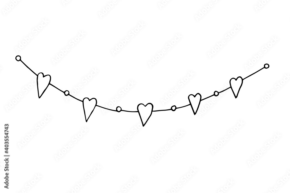 Garland of hearts for the holiday of all lovers Valentine's Day. Vector hand-drawn doodle illustration. Black and white outline. Garland of hearts for the holiday of all lovers Valentine's Day. Vector hand-drawn doodle illustration. Black and white outline.