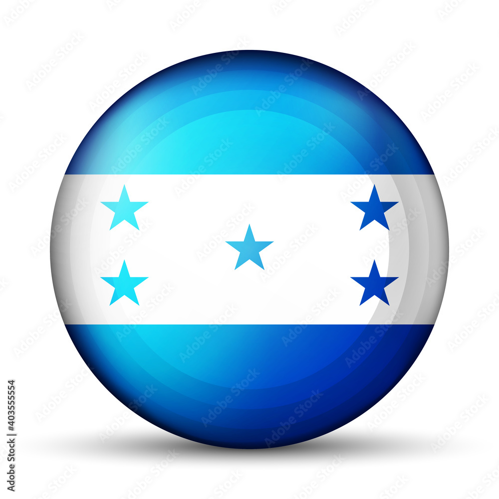 Glass light ball with flag of Honduras. Round sphere, template icon. national symbol. Glossy realistic ball, 3D abstract vector illustration highlighted on a white background. Big bubble. Glass light ball with flag of Honduras. Round sphere, template icon. national symbol. Glossy realistic ball, 3D abstract vector illustration highlighted on a white background. Big bubble.