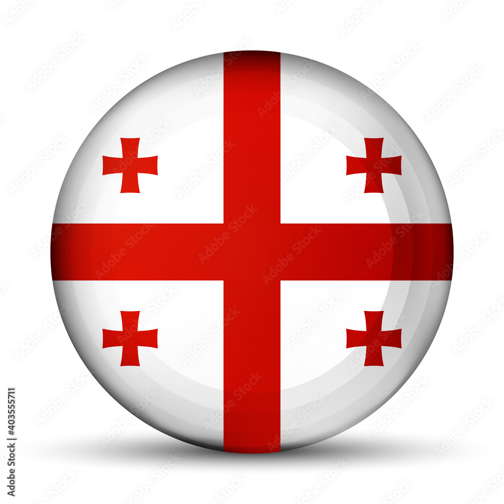 Glass light ball with flag of Georgia. Round sphere, template icon. Georgian national symbol. Glossy realistic ball, 3D abstract vector illustration highlighted on a white background. Big bubble.