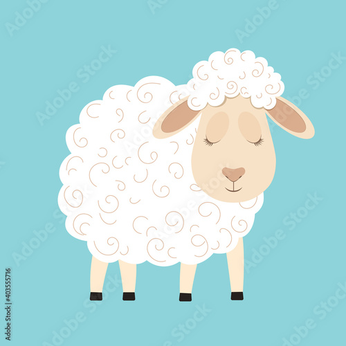 Cute fluffy sheep cartoon character. Design element for greeting card or invitation