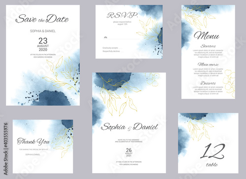 Watercolor wedding invitation cards. Floral poster, invite. Elegant wedding invitation with watercolor splash and gold floral elements.