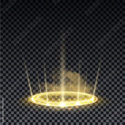 Gold hologram portal. Magic fantasy portal. Magic circle teleport podium with hologram effect. Vector gold glow rays with sparks on transparent background.