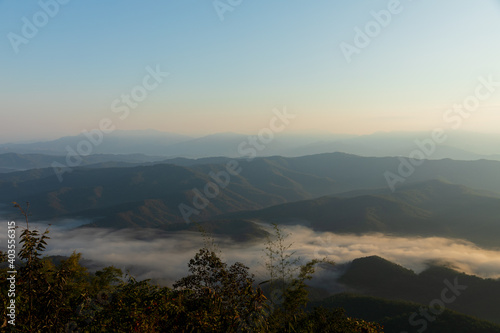 Mountain view morning of the hills around Landscape of Doi Samer Dao in Sri Nan National Park   Nan Province of Thailand