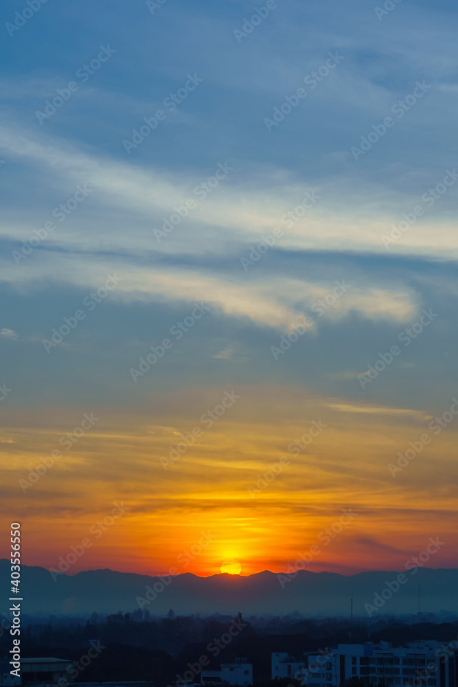 Bright sunrise or sunset in the morning, Cloudy sky and bright sunrise over the horizon. Bright sunrise or sunset in the morning, Cloudy sky and bright sunrise over the horizon.