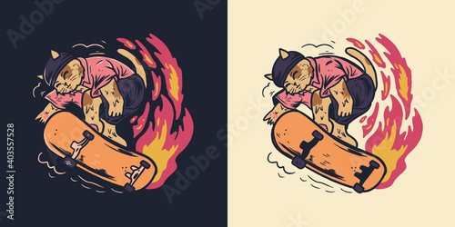 cute cat skateboarding illustration