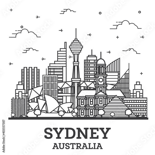 Outline Sydney Australia City Skyline with Modern Buildings Isolated on White.
