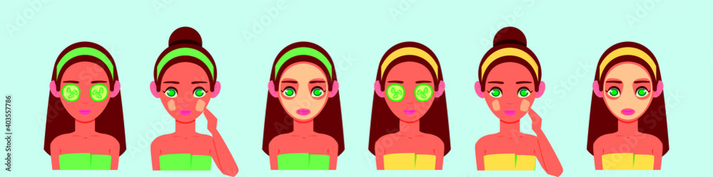 set of beauty clinic cartoon icon design template with various models. vector illustration isolated on blue background set of beauty clinic cartoon icon design template with various models. vector illustration isolated on blue background