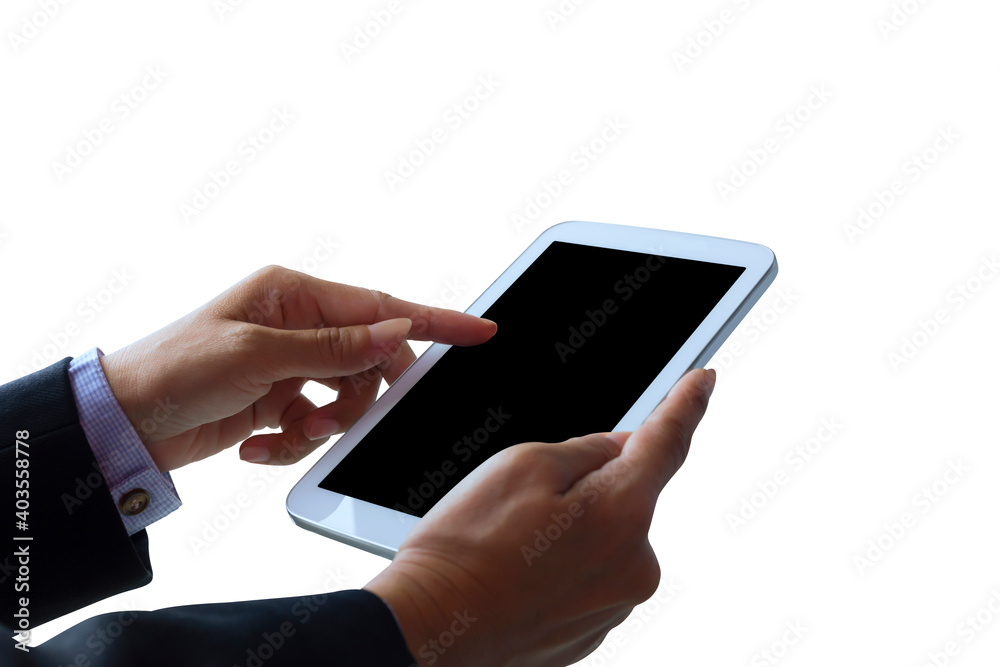 Mockup image hands holding black blank screen digital tablet with clipping path Mockup image hands holding black blank screen digital tablet with clipping path