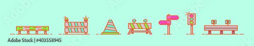 set of guardrail, road, barrier and traffic cartoon icon design template with various models. vector illustration isolated on blue background