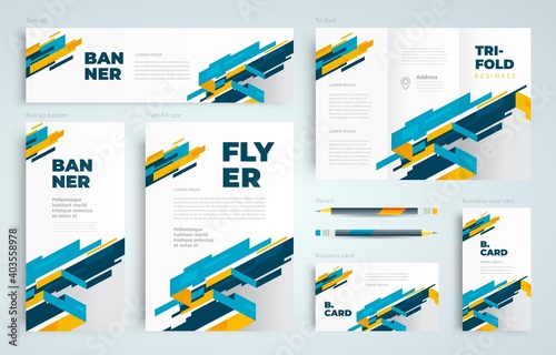 Identity stripes hi-tech abstract geometric bluen and yellow color. Set flyer cover, tri-fold, banner, roll up banner, business card