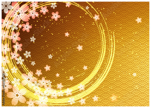 桜_和柄_丸筆模様_金箔背景