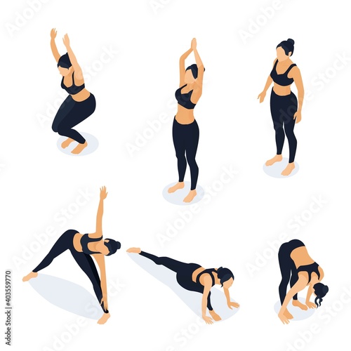 Isometric woman in yoga positions isolated on white. Vector illustration of female athlete stretching, training in gym. Chair pose, triangle pose, fold, standing, mountain pose